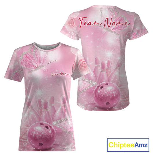 Front and back view of a women’s crewneck bowling T-shirt with pink glitter butterflies surrounding a bowling ball and pins motif.