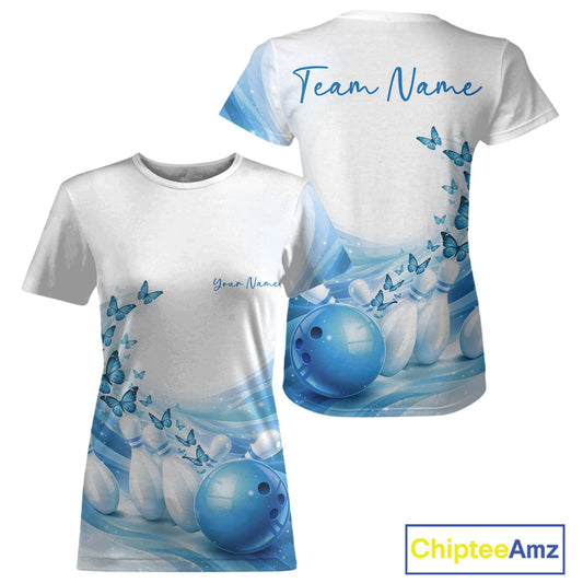 White t-shirt with blue bowling design and butterfly graphics, personalized with 'Team Name' and 'Your Name'