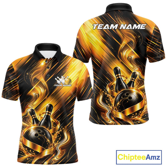 Front and back view of a men's bowling polo shirt mockup featuring a black and gold bowling ball striking pins graphic with flowing metallic ribbon accents.