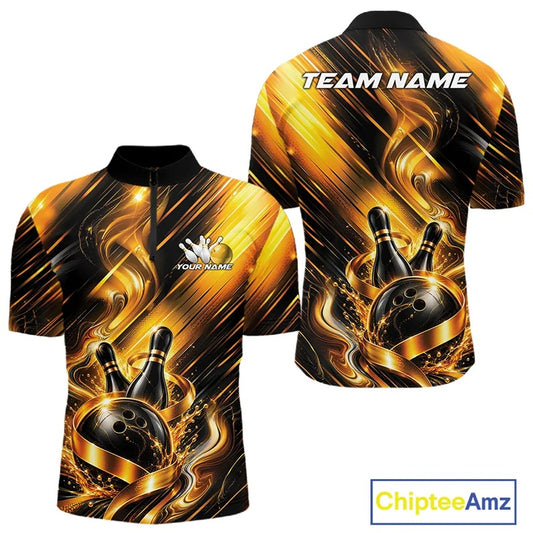 Front and back view of a men's bowling quarter zip shirt mockup featuring a black and gold bowling ball striking pins with flowing metallic ribbon accents.