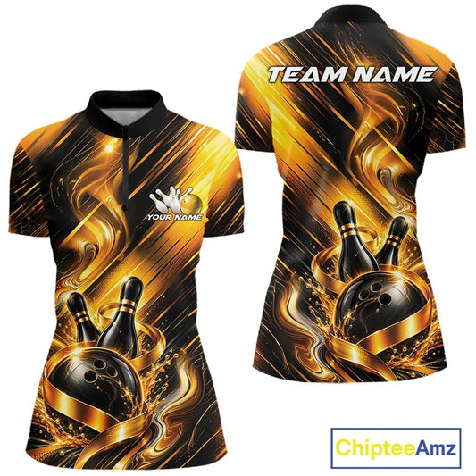 Front and back view of a women's bowling quarter zip mockup featuring a black and gold bowling ball striking pins with flowing metallic ribbon accents.