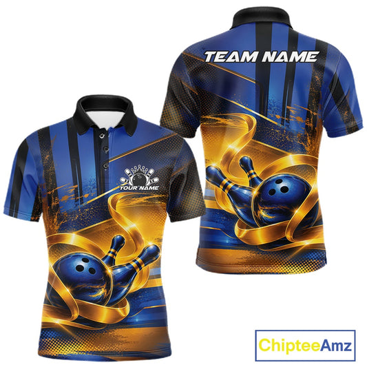 Front and back view of a men's bowling polo shirt mockup featuring a glossy blue bowling ball and pins wrapped in flowing gold ribbon accents.