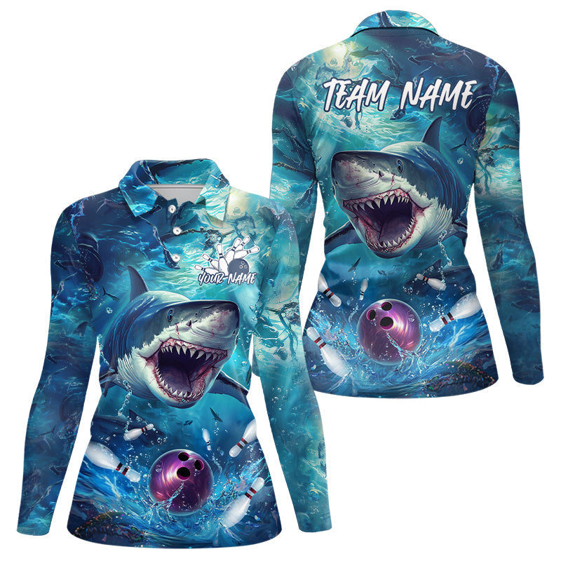 Custom Shark Bowling Long Sleeve Polo Shirts For Women, Shark Bowling Team Shirt IPHW8006