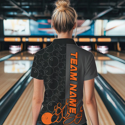 Custom Black And Orange Strike Ladies Bowling Quarter-Zip Shirt, Striking Bowling Jerseys IPHW8457