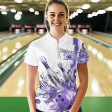 Load image into Gallery viewer, Custom White And Purple Custom Ladies Bowling Quarter-Zip Shirt, Bowling Tournament Shirt IPHW8462