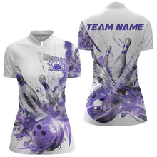 Load image into Gallery viewer, Custom White And Purple Custom Ladies Bowling Quarter-Zip Shirt, Bowling Tournament Shirt IPHW8462
