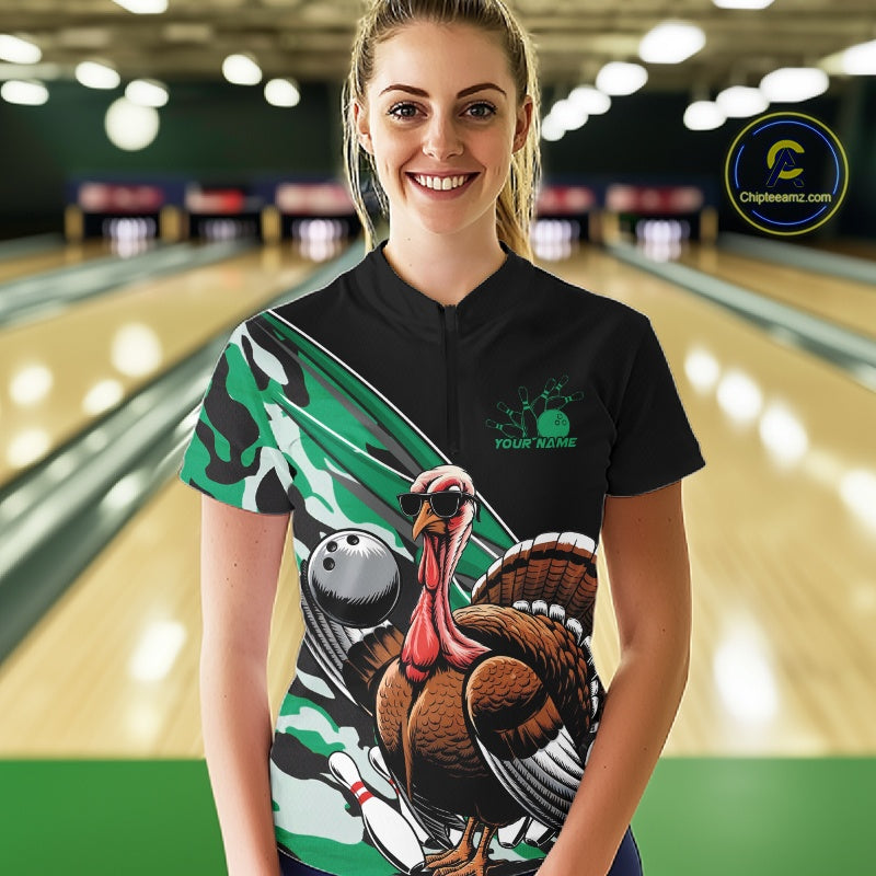 Custom Green Camo Funny Turkey Bowling Team Shirt For Women, Turkey Bowling Jerseys IPHW10551