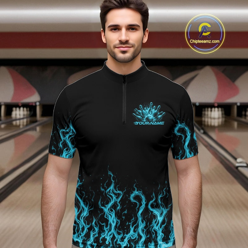 Custom Blue Flame Skull Bowling Team Shirts For Men, Halloween Bowling Jerseys IPHW10555