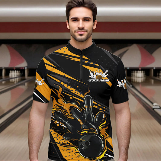 Custom Black And Gold Flame Men Bowling Quarter-Zip Shirts, Fire Bowling Ball Bowling Team Shirt IPHW8698