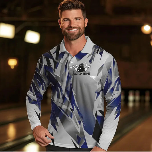 Blue And Gray Custom Men Bowling Team Long Sleeve Polo Shirts, Bowling Tournament Jerseys For Bowlers IPHW6188