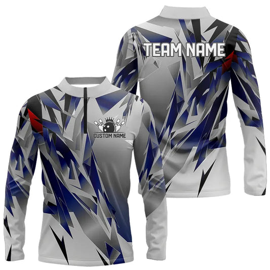 Blue And Gray Custom Men Bowling Team Long Sleeve Quarter-Zip Shirts, Bowling Tournament Jerseys IPHW6188