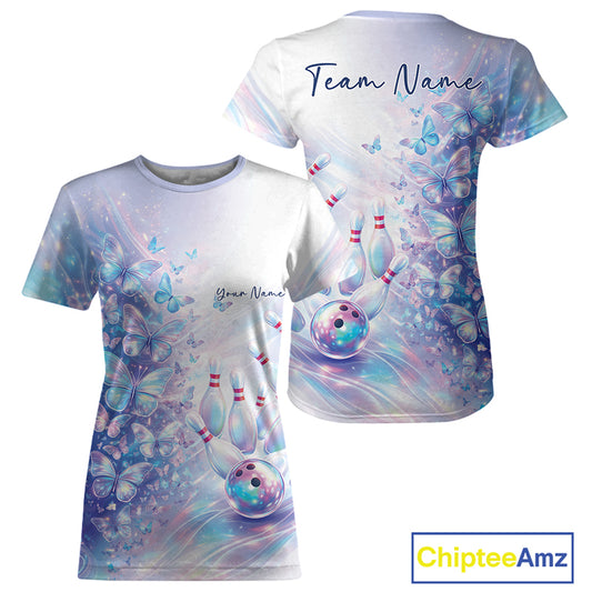 Womens crewneck bowling T-shirt mockup shown front and back with pastel holographic butterflies and colorful bowling-themed graphics