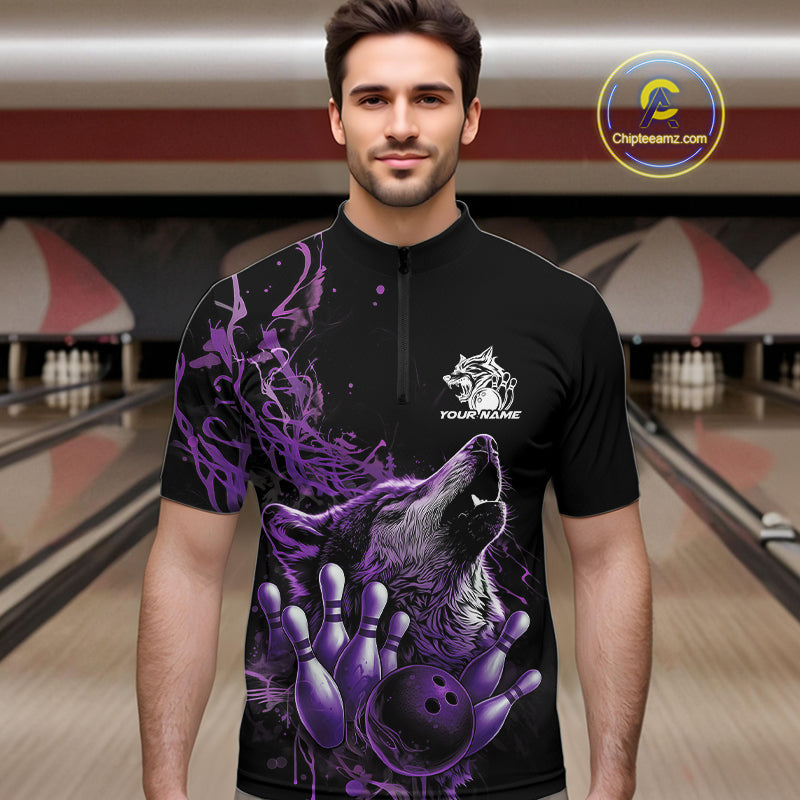 Custom Purple Wolf Howling Men Quarter-Zip Shirt, Wolf Bowling Team Jerseys IPHW10159