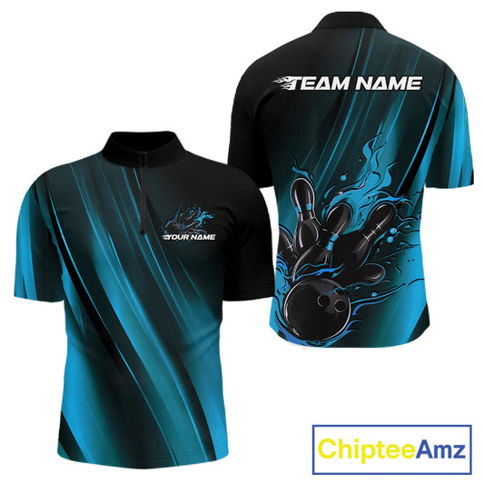 Custom Black And Blue Gradient Flame Bowling Team Jerseys, Fire Bowling Shirt For Men IPHW10571