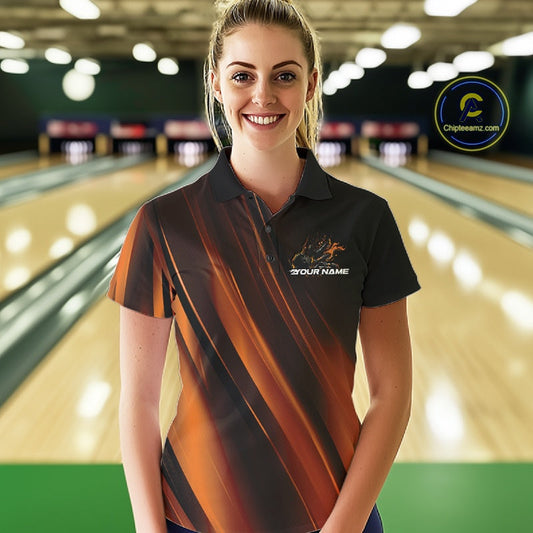 Custom Gold And Orange Gradient Flame Bowling Team Jerseys, Fire Bowling Shirt For Women IPHW10573