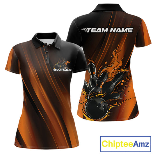 Custom Gold And Orange Gradient Flame Bowling Team Jerseys, Fire Bowling Shirt For Women IPHW10573