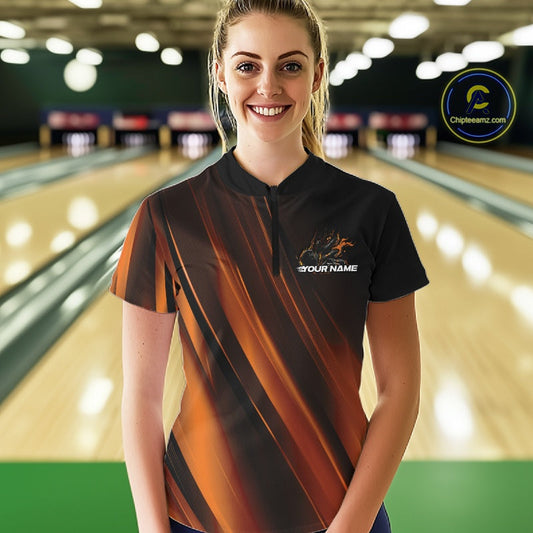 Custom Gold And Orange Gradient Flame Bowling Team Jerseys, Fire Bowling Shirt For Women IPHW10573