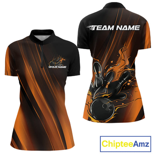 Custom Gold And Orange Gradient Flame Bowling Team Jerseys, Fire Bowling Shirt For Women IPHW10573