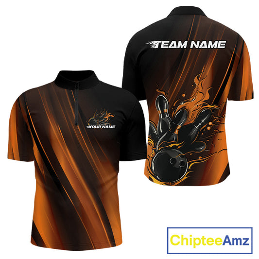 Custom Gold And Orange Gradient Flame Bowling Team Jerseys, Fire Bowling Shirt For Men IPHW10573
