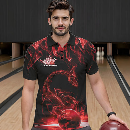 Custom Black And Red Flame Scorpio Zodiac Bowling Men Polo Shirts, Scorpion Bowling Team IPHW8970