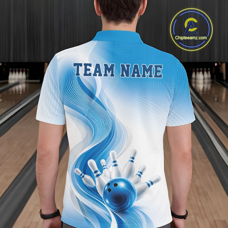 Back view of a male model wearing a white and blue bowling polo shirt featuring flowing wave artwork and a glossy bowling strike graphic in a bowling alley