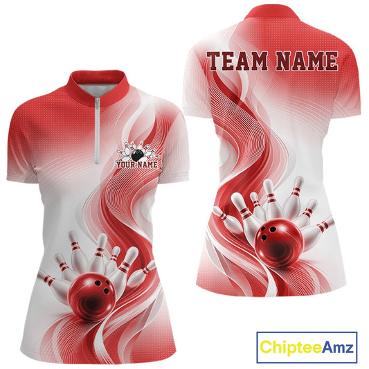 Womens white and red bowling quarter-zip mockup shown from front and back with flowing wave motifs and bowling action imagery