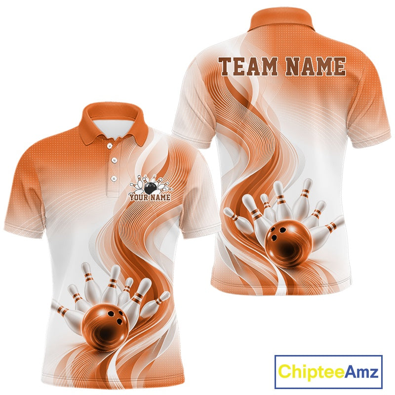 Mens white and orange bowling polo shirt mockup displayed from front and back with abstract wave graphics and a bowling strike illustration