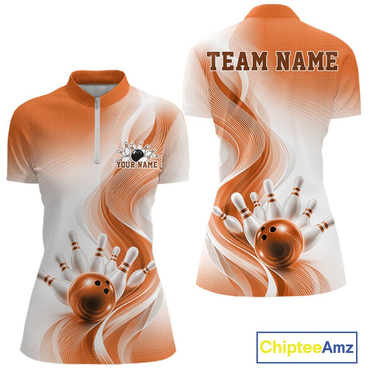 Front and back view of a womens white and orange bowling quarter-zip mockup featuring flowing wave artwork and a glossy bowling strike graphic