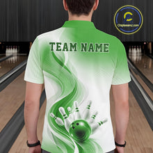Load image into Gallery viewer, Back view of a male model in a white and green bowling polo shirt featuring dynamic wave graphics and bowling pin artwork