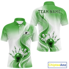 Load image into Gallery viewer, Mens white and green bowling polo mockup shown from front and back with flowing wave artwork and glossy bowling strike graphics