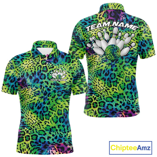 Front and back views of a mens yellow, brown, and black leopard-print bowling polo with chest name text, bowling pins, and team name on the back.