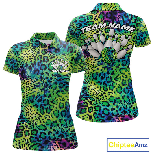 Front and back views of a womens gold, brown, and black leopard-print bowling polo with chest name text, bowling pins, and team name on the back.