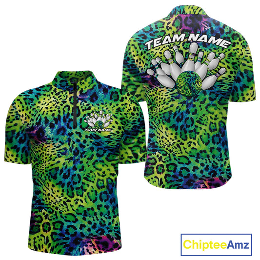 Front and back views of a mens blue, green, and black leopard-print bowling quarter zip collar, chest name text, and team name on the back.
