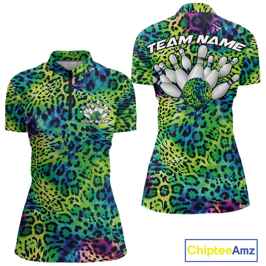 Front and back views of a womens green, blue, and black leopard-print bowling quarter zip collar, chest name text, and team name on the back.
