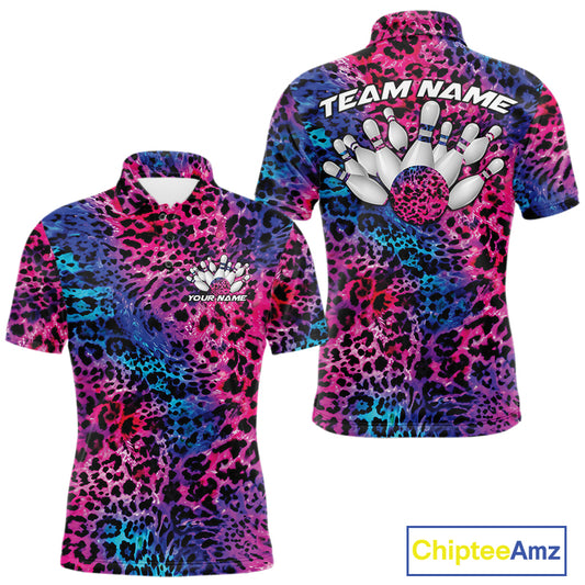Front and back views of a mens yellow, brown, and black leopard-print bowling polo with chest name text, bowling pins, and team name on the back.