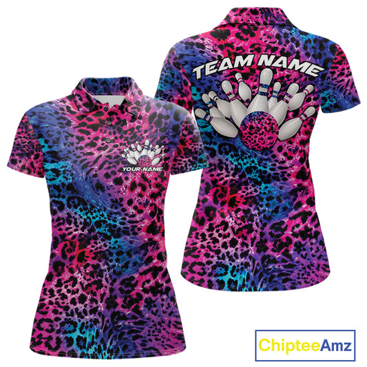 Front and back views of a womens gold, brown, and black leopard-print bowling polo with chest name text, bowling pins, and team name on the back.