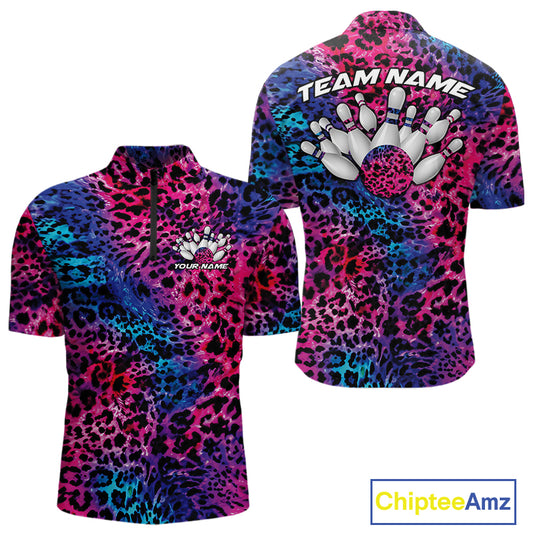 Front and back views of a mens blue, purple, pink, and black leopard-print bowling quarter zip collar, chest name text, and team name on the back.
