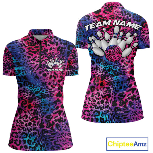 Front and back views of a womens purple, blue, and black leopard-print bowling quarter zip collar, chest name text, and team name on the back.
