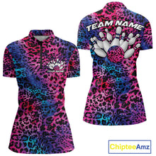 Load image into Gallery viewer, Front and back views of a womens purple, blue, and black leopard-print bowling quarter zip collar, chest name text, and team name on the back.
