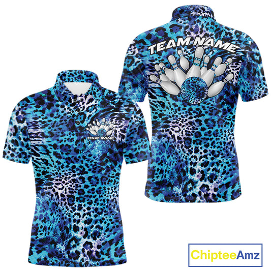 Front and back views of a mens yellow, brown, and black leopard-print bowling polo with chest name text, bowling pins, and team name on the back.