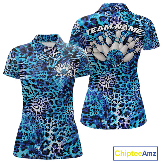 Front and back views of a womens gold, brown, and black leopard-print bowling polo with chest name text, bowling pins, and team name on the back.
