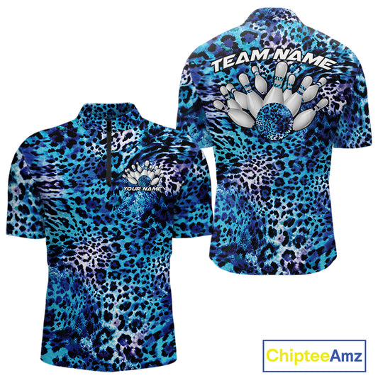Front and back views of a mens blue, teal, and black leopard-print bowling quarter zip collar, chest name text, and team name on the back.

