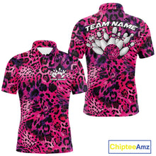 Load image into Gallery viewer, Front and back views of a mens yellow, brown, and black leopard-print bowling polo with chest name text, bowling pins, and team name on the back.