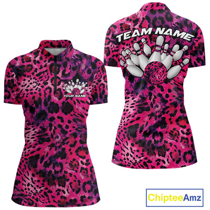Front and back views of a womens pink, purple, and black leopard-print bowling quarter zip collar, chest name text, and team name on the back.