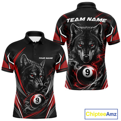 Custom Black And Red Smoke Flame 9 Ball And Wolf Billiards Men Polo Shirt, Pool Shirt IPHW11676