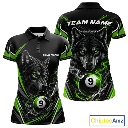 Custom Black And Green Smoke Flame 9 Ball And Wolf Billiards Women Polo Shirt, Pool Shirt IPHW11678