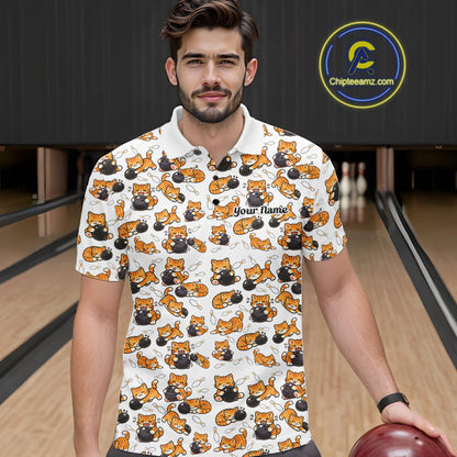 Custom Cute Ginger Tabby Cat Bowling Men Polo Shirts, Cat Bowling Team Shirt IPHW10303
