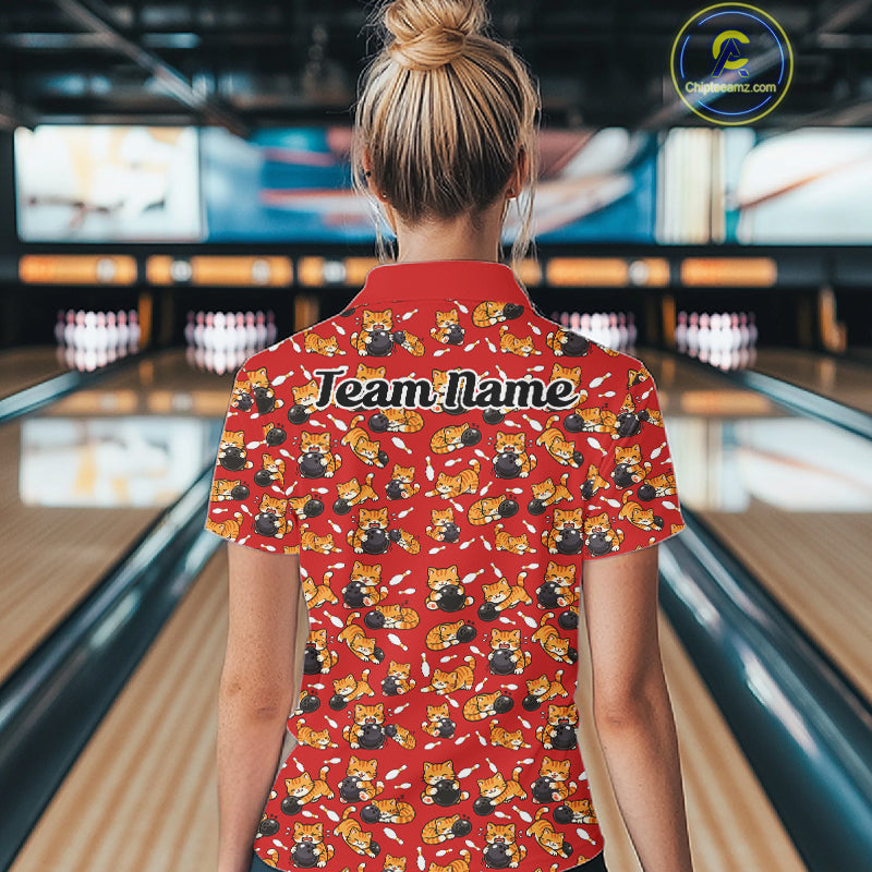 Custom Cute Ginger Tabby Cat Bowling Women Polo Shirts, Cat Bowling Team Shirt IPHW10305