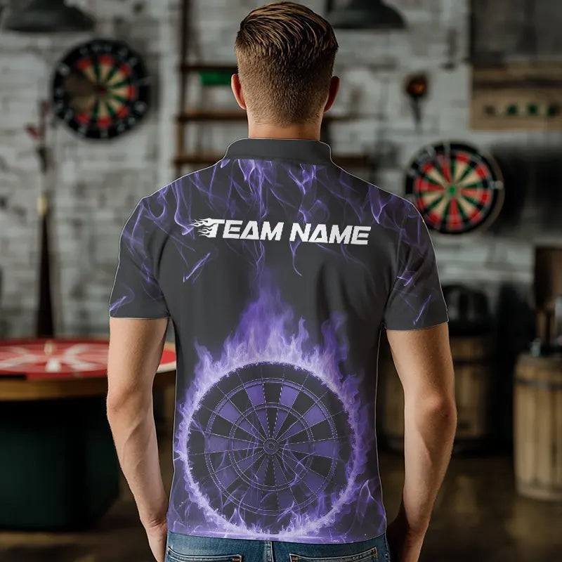 Custom Black And Purple Fire Flame Dartboard Dart Polo Shirts For Men, Dart Tournament Shirt IPHW8495
