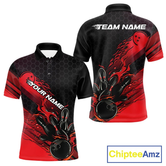 Custom Black And Red Flame Bowling Team Shirts, Bowling League Shirt Men Bowling Jersey IPHW10574